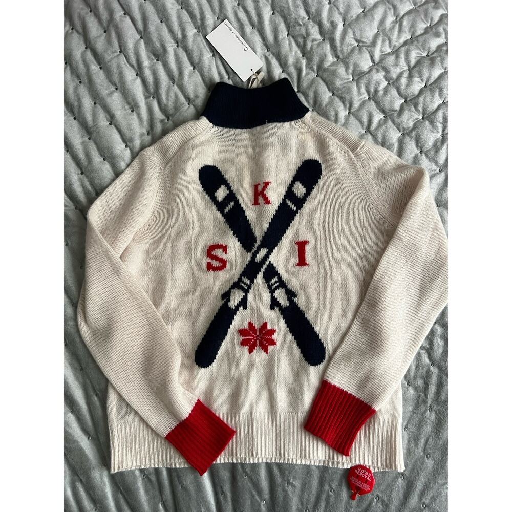 360 CASHMERE TIMBERLINE SKI MOTIF HALF-ZIP CASHMERE SWEATER - ALABASTER/NAVY